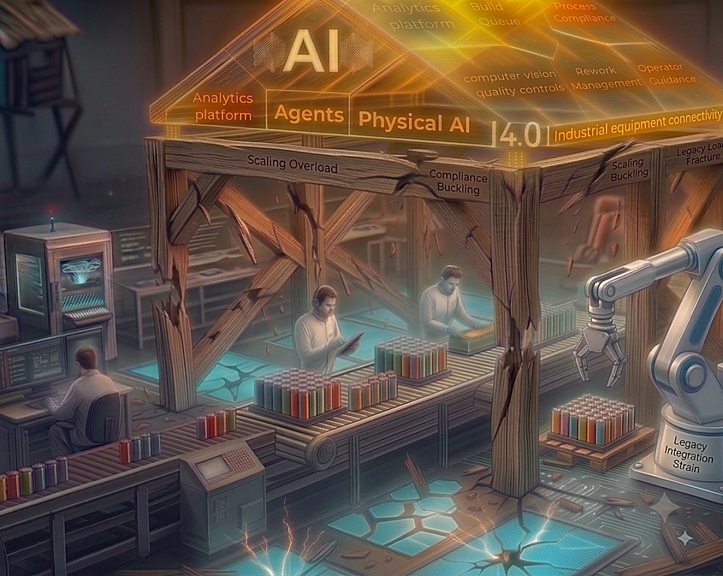 A glowing golden roof labelled Analytics platform, Agents and Physical AI, held up by cracked and buckling wooden beams over a working assembly line where operators, conveyors and a robot arm carry on beneath it